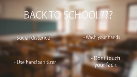 texto de regreso a la escuela y textos de concepto de coronavirus contra un aula vacía