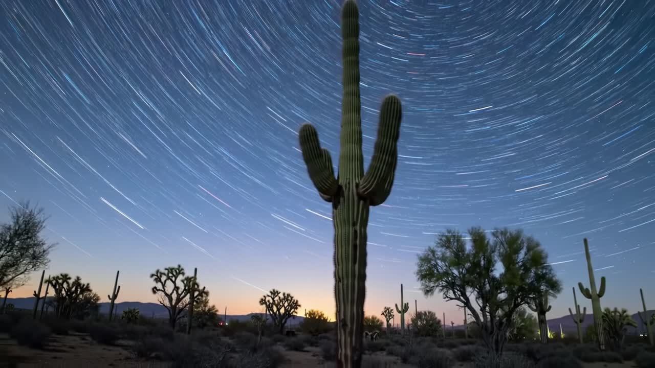 A mesmerizing star trail captured over a serene desert landscape featuring towering cacti silhouetted against the cosmic dance of celestial movements in the night sky