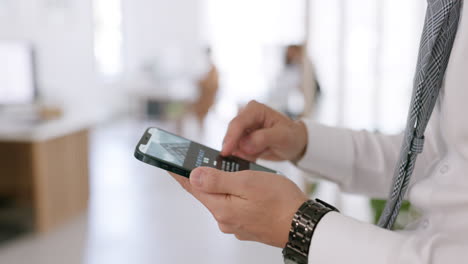 Hands-closeup,-phone-and-businessman-in-office