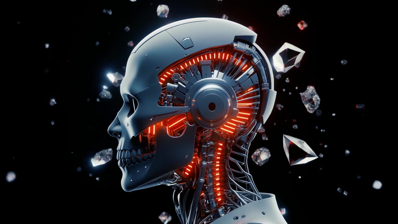 Testa di Cyborg Futuristica con Circuiti Interni Rossi Luminosi e Frammenti Geometrici Fluttuanti