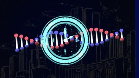 animation of moving clock over dna strand and cityscape on black background