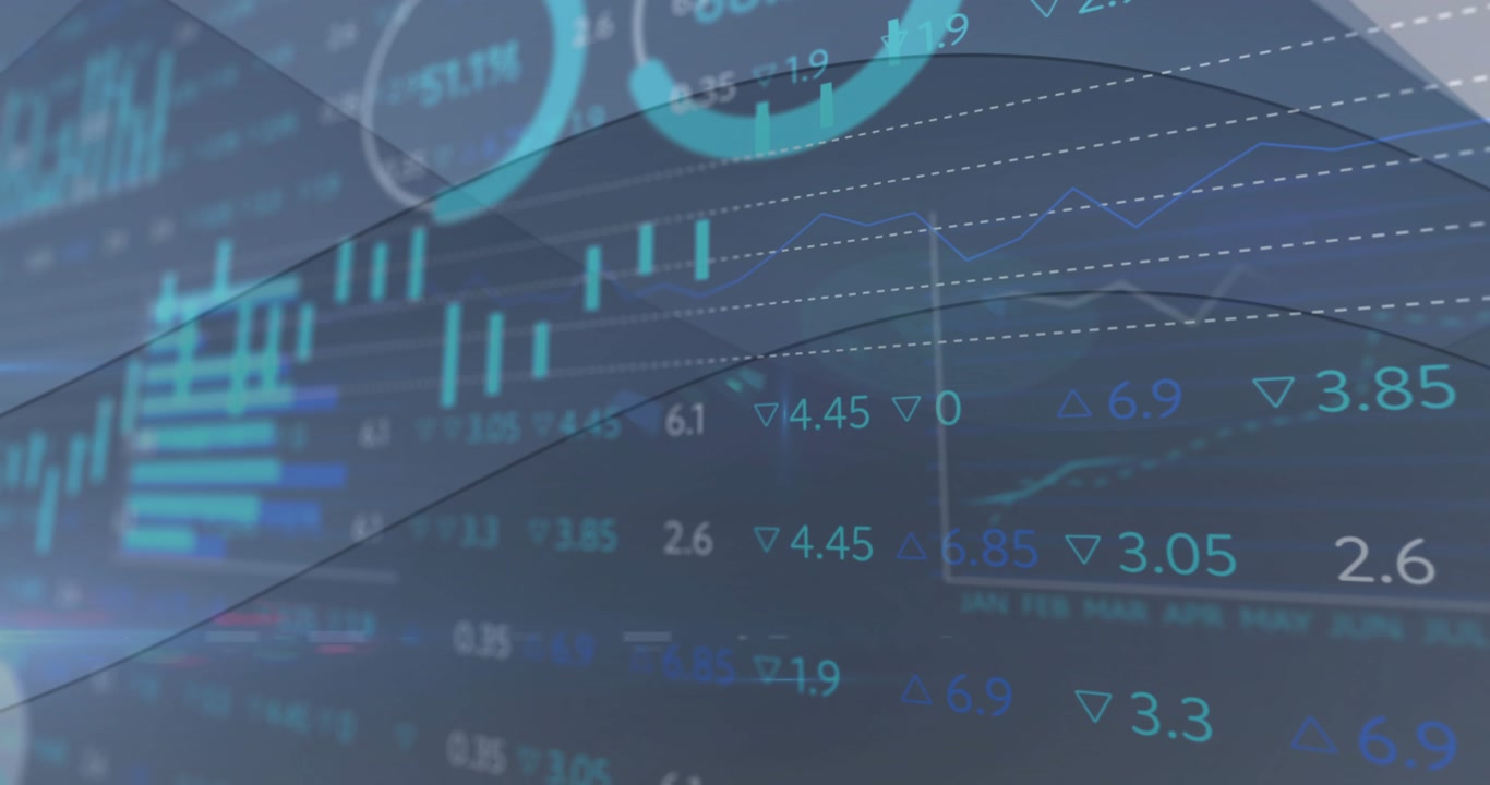 Grid appearing causing candlesticks fading as wave sliding revealing bars and gauges showing trend