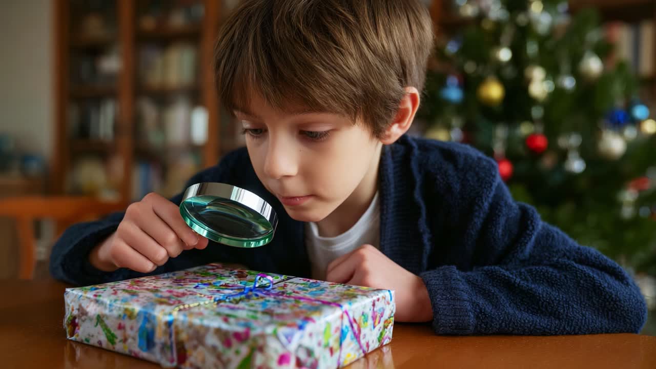 A Young Boy Curiously Examines a Decorative Gift with a Magnifying Glass, Capturing a Moment of Anticipation and Wonder During a Festive Season Celebration