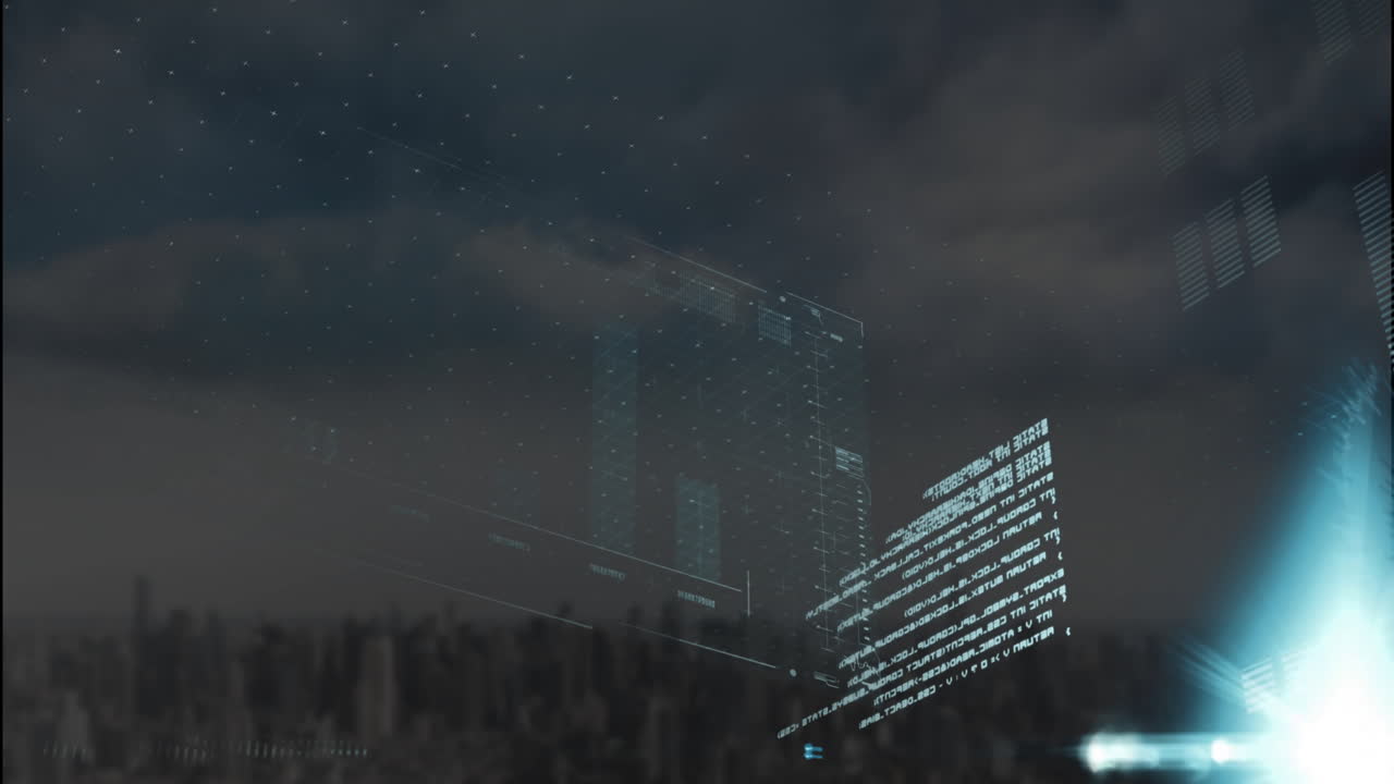 Animazione di linguaggio informatico, grafici e barre di caricamento su un paesaggio urbano moderno contro un cielo nuvoloso