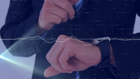 checking watch, businessman with digital data animation overlay in office setting