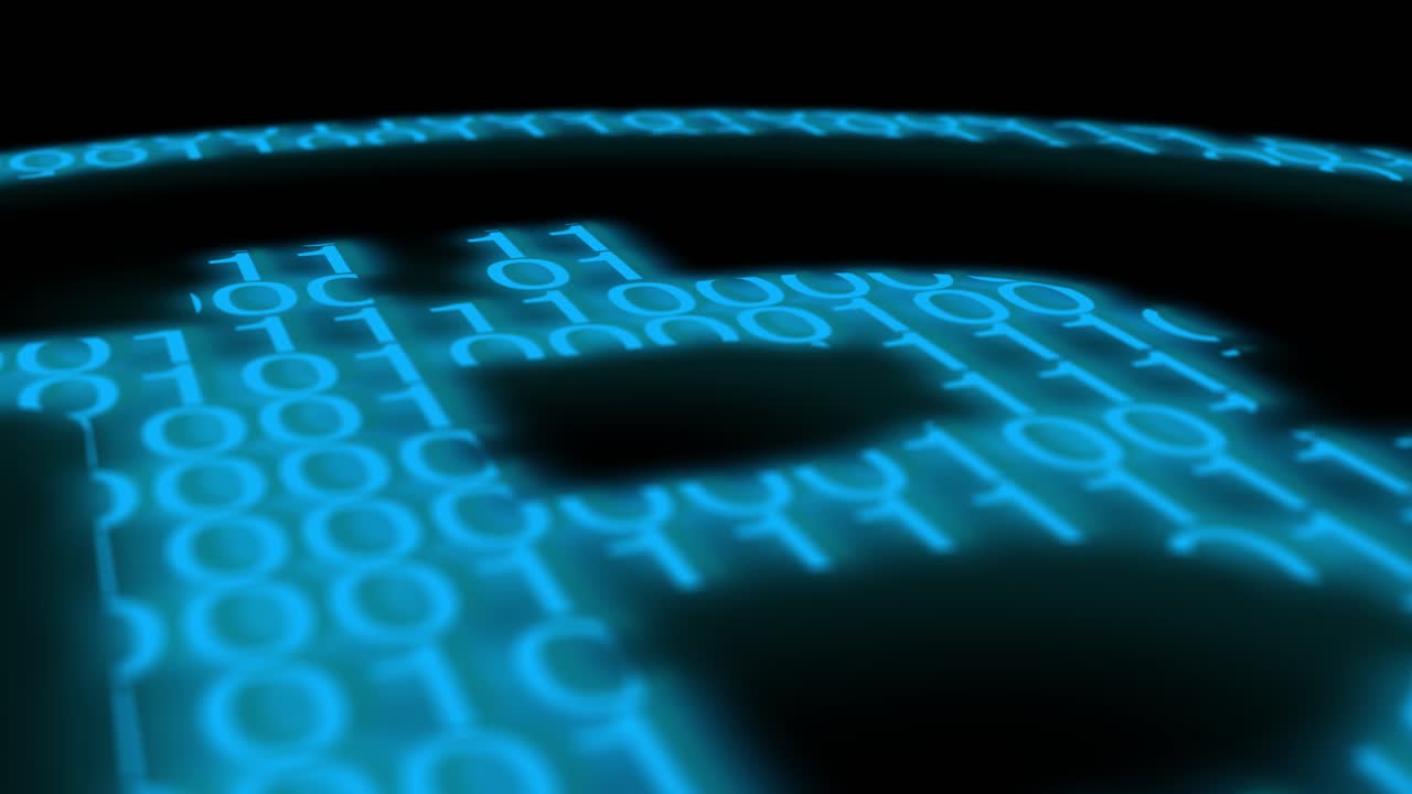 primer plano del logotipo de bitcoin hecho de dígitos binarios 1 0