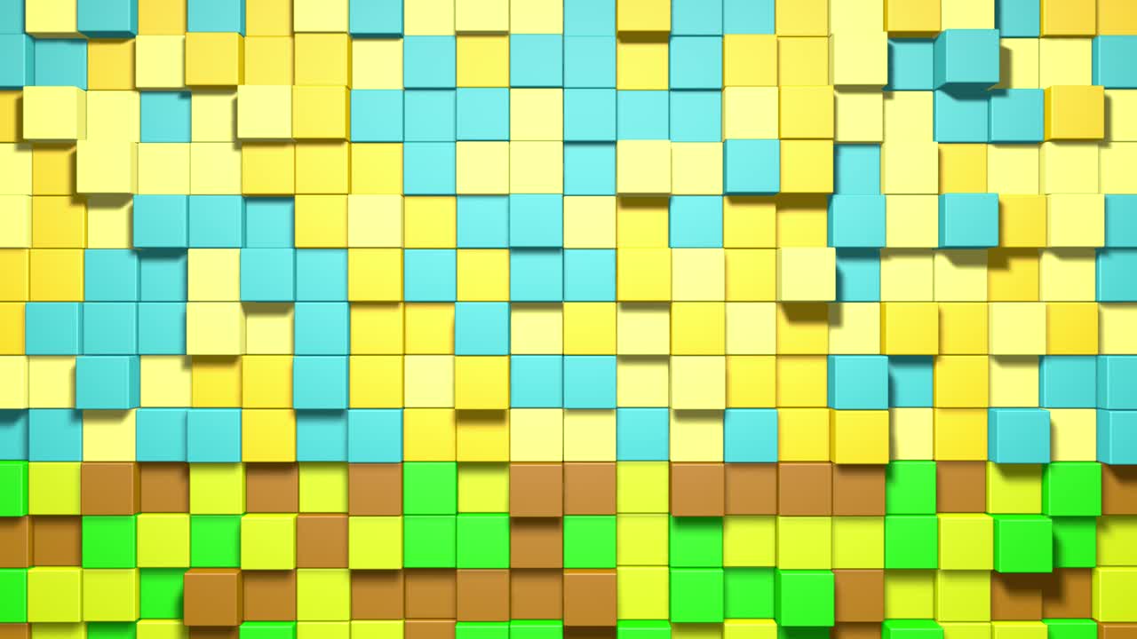 3d cubos abstractos bucle. videojuego isométrico patrón de ondas de mosaico geométrico. construcción de paisajes de colinas utilizando bloques multicolores. animación 4k