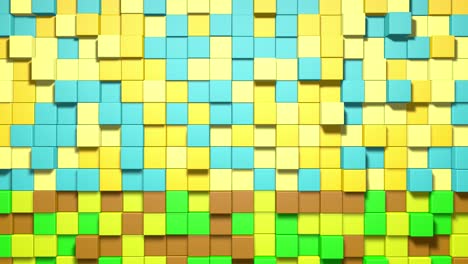 3d cubos abstractos bucle. videojuego isométrico patrón de ondas de mosaico geométrico. construcción de paisajes de colinas utilizando bloques multicolores. animación 4k