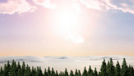 Animation-of-snow-falling-over-fir-trees-and-winter-landscape