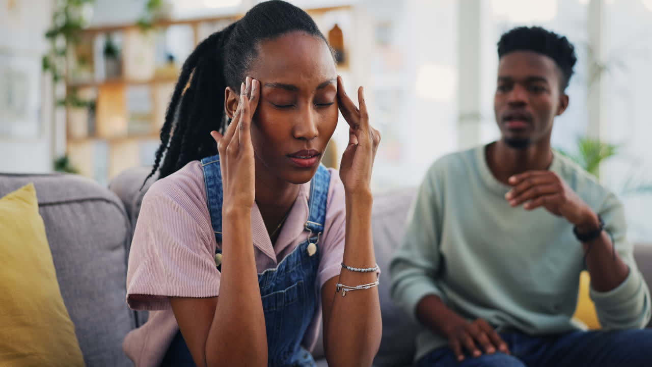 Headache, black couple and fight