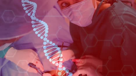 Animation-of-molecules-and-dna-over-stressed-caucasian-female-surgeon-during-operation