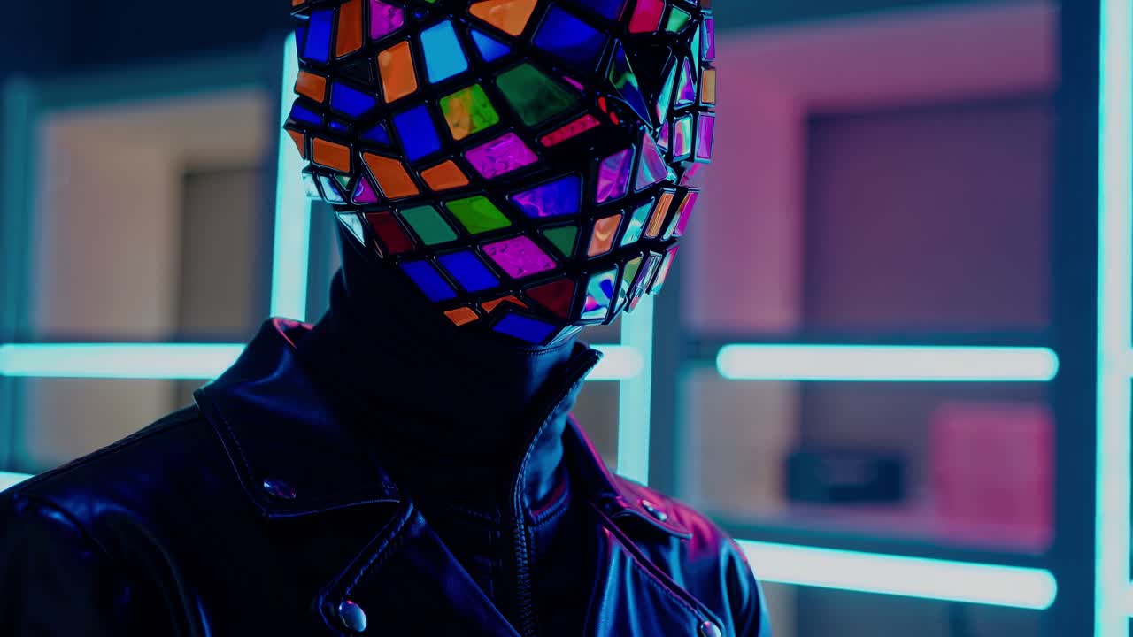 Colorful geometric mask adorning mannequin wearing leather jacket, positioned within neon illuminated retail space featuring vibrant shelves creating futuristic fashion backdrop