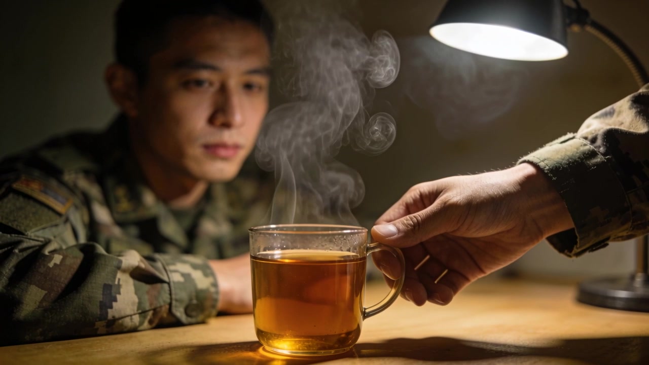 Posizionando un compagno che tiene una tazza di vetro fumante su un tavolo sotto una lampada, un soldato in mimetica osserva in attesa di calma