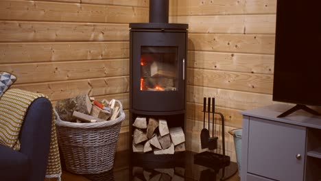 wide shot of a fire just started in a wood burner with kindling and logs in a log cabin