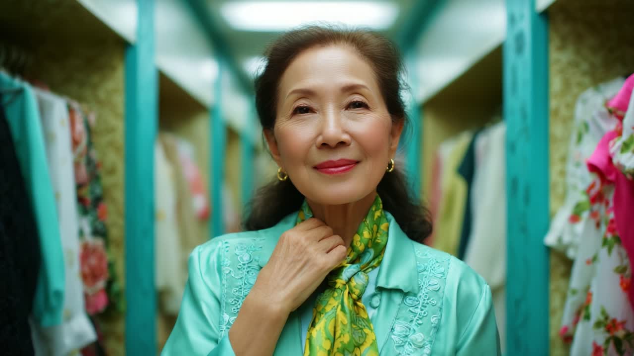 A Joyful Moment of Reflection: An Elegant Elderly Woman Posing Gracefully in a Vibrant Wardrobe Surrounded by Colorful Garments, Exuding Confidence and Timeless Beauty with a Beautiful Scarf