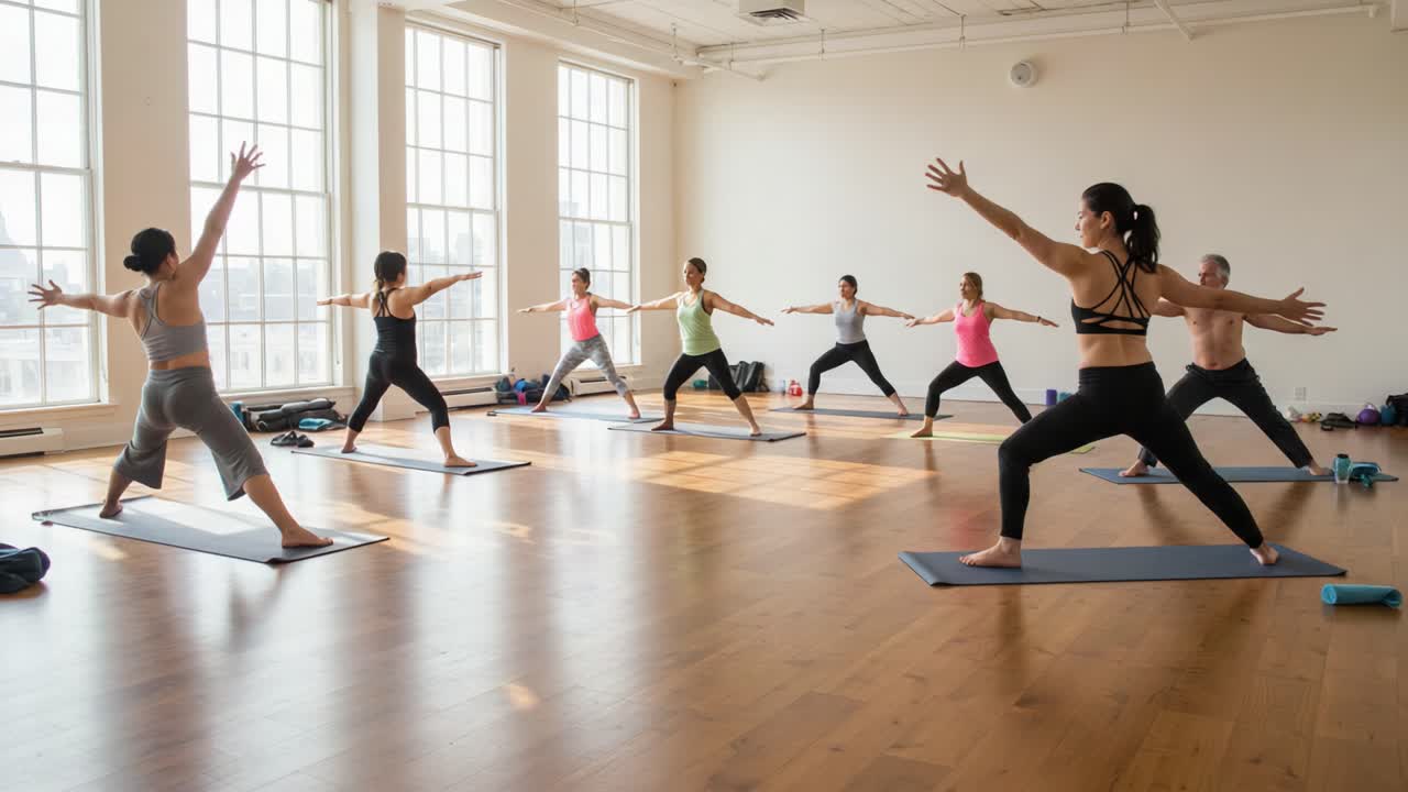 Group of Individuals Practicing Yoga in a Bright, Spacious Studio, Demonstrating Various Poses and Enhancing Flexibility and Mindfulness