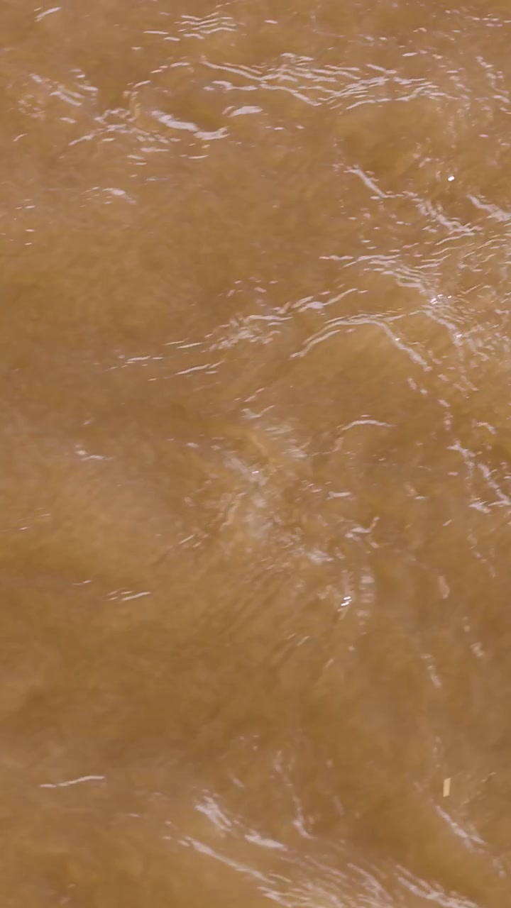 Água turva do rio flui constantemente, com ondulações na superfície e espuma visíveis, capturada sob luz natural