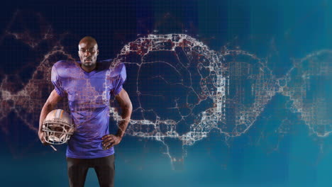animación de un cerebro digital girando sobre un jugador de fútbol americano que sostiene un casco