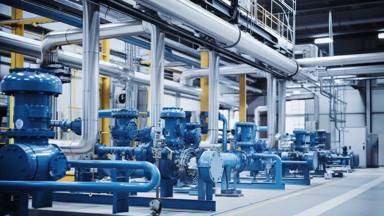 Industrial setting with blue machinery and metal pipes. Low-angle shot captures the scale. Ideal