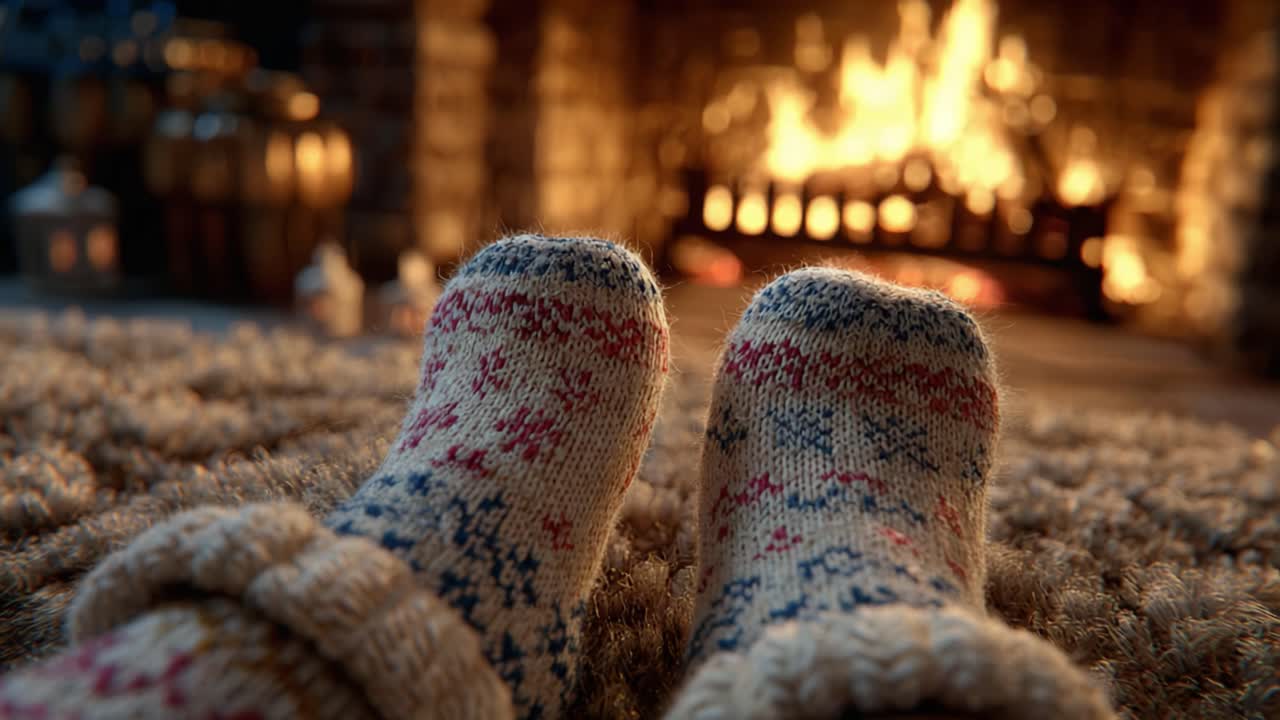 Cozy Warmth by the Fire: Comforting Socks Resting on a Soft Rug in Front of a Crackling Fireplace, Creating a Serene and Inviting Atmosphere for Relaxation