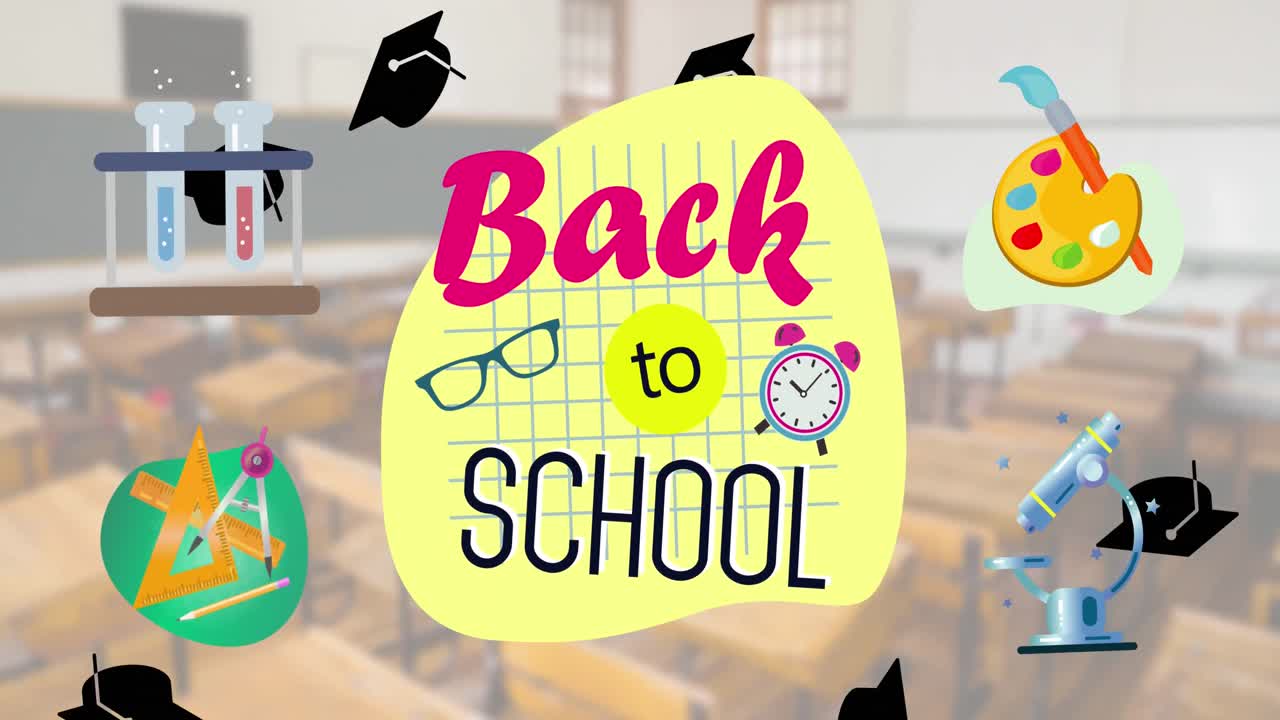 빈 교실 위에 학교 텍스트와 학교 아이템 아이콘의 애니메이션