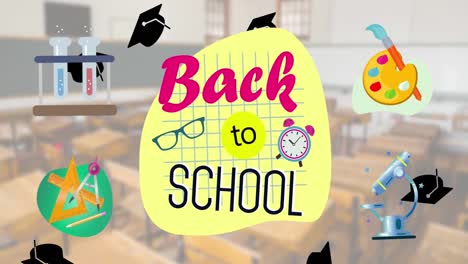 Animation-of-back-to-school-text-and-school-items-icons-over-empty-classroom