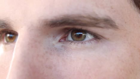 close up of eyes of inquisitive, puzzled caucasian man looking around