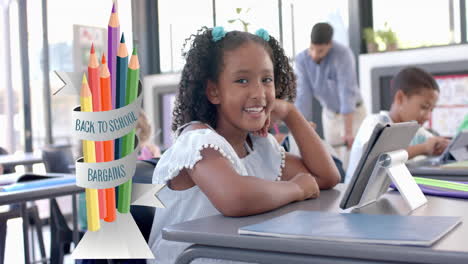 animation of back to school text over diverse schoolchildren learning with male teacher