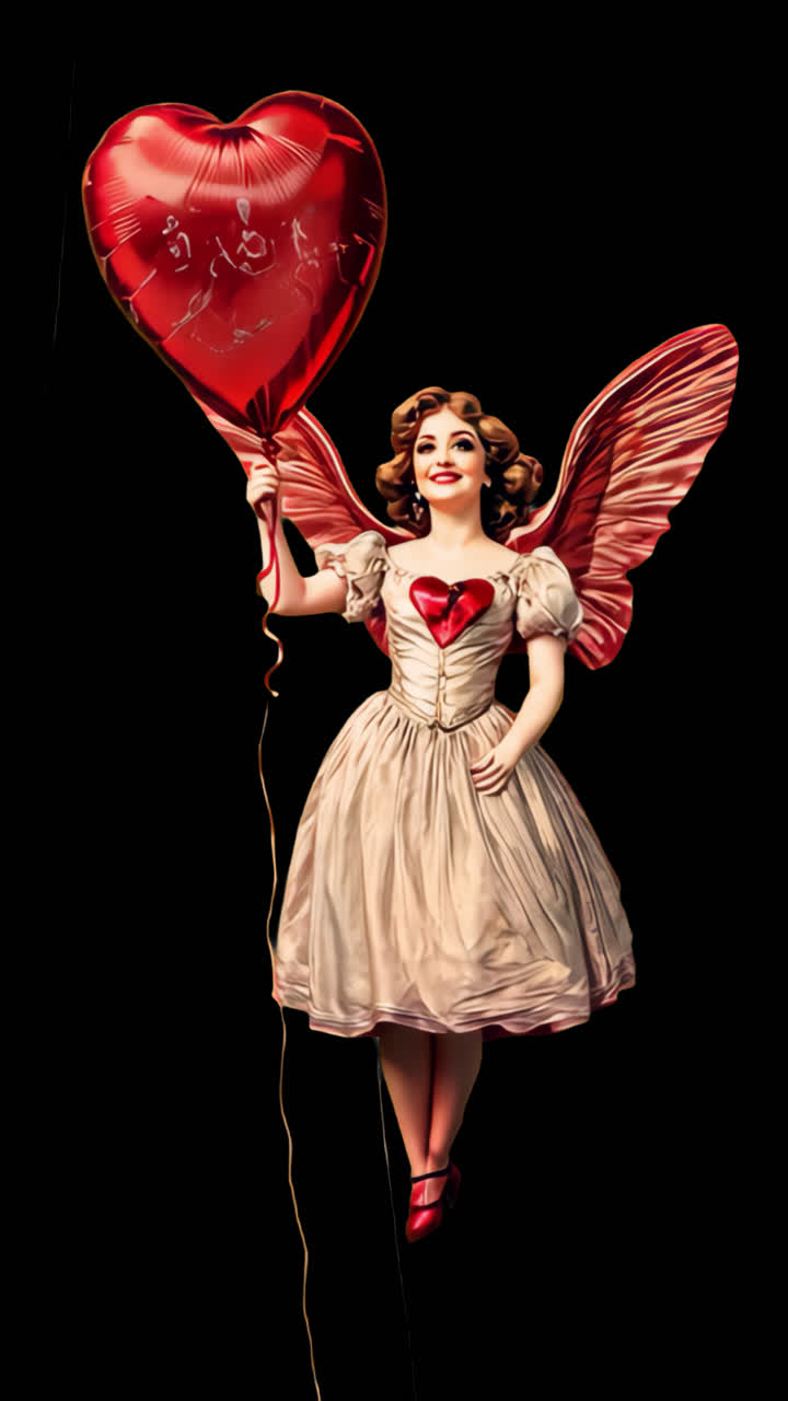 Vintage cupid holding heart balloon animation isolated asset, transparent 4K video, alpha channel