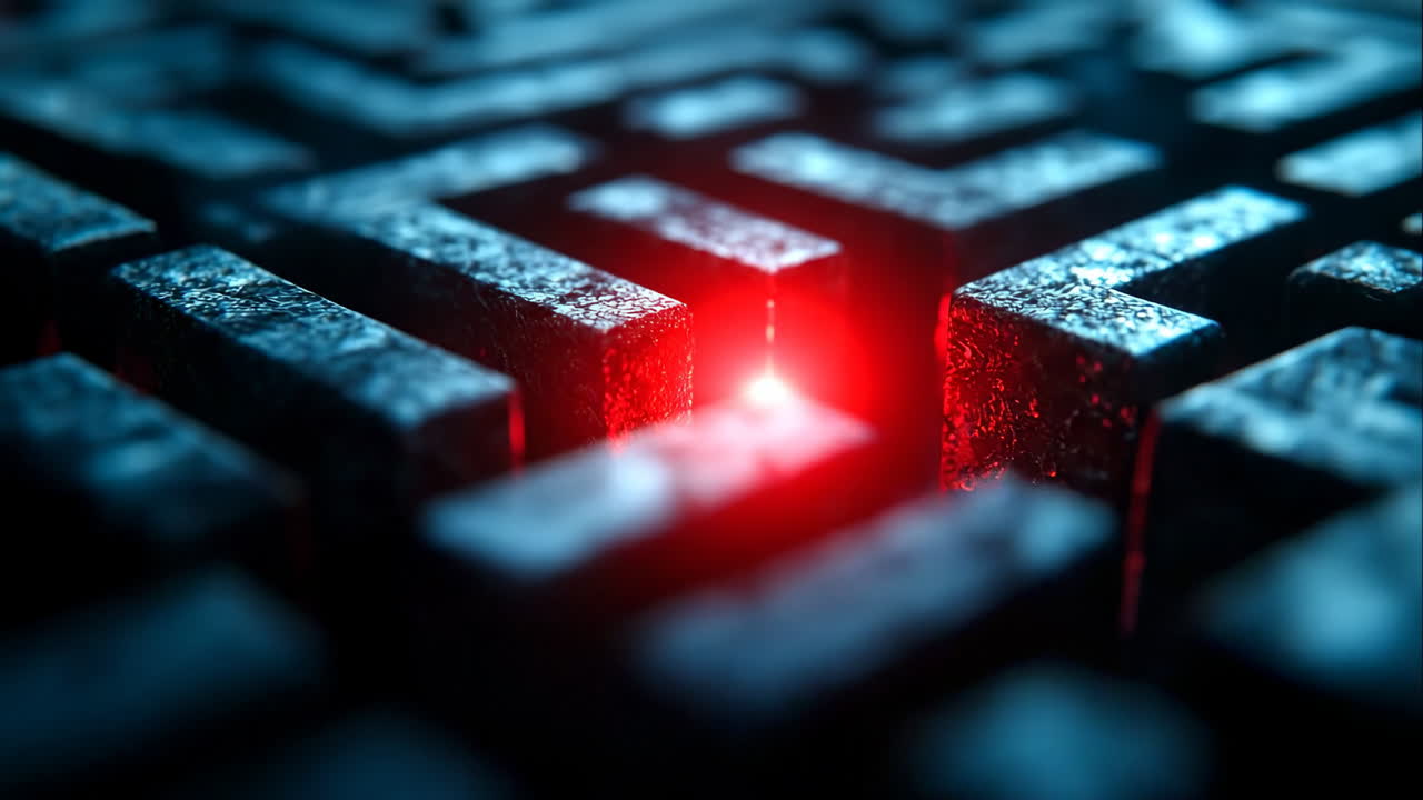 Complex maze with glowing red light. A dark stone maze with a central red light creates an intriguing atmosphere