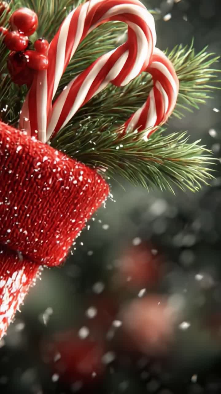 Primo piano festivo di bastoncini di zucchero natalizi che spuntano da una calza rossa circondata da neve e piante sempreverdi, creando una calda atmosfera natalizia