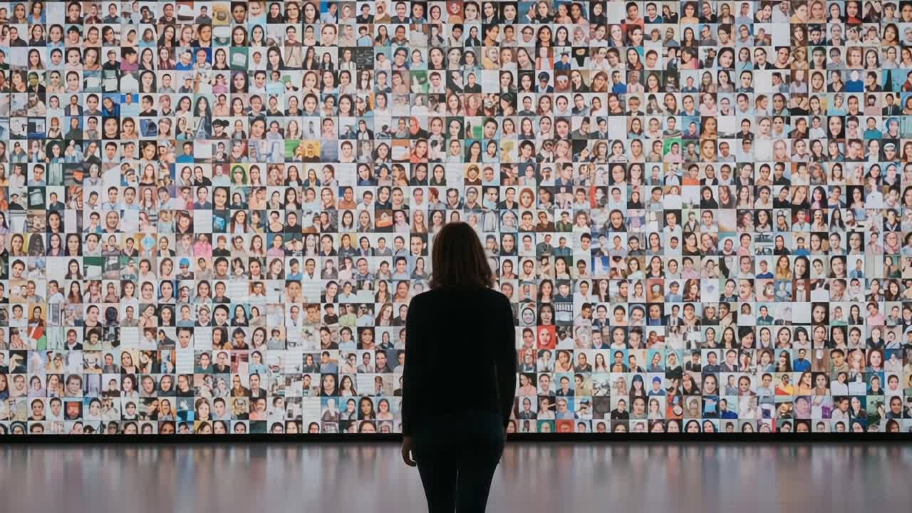 A Thoughtful Individual Observes a Vast Array of Diverse Portraits, Reflecting on Identity, Humanity, and the Shared Experiences Embedded in Each Face Displayed