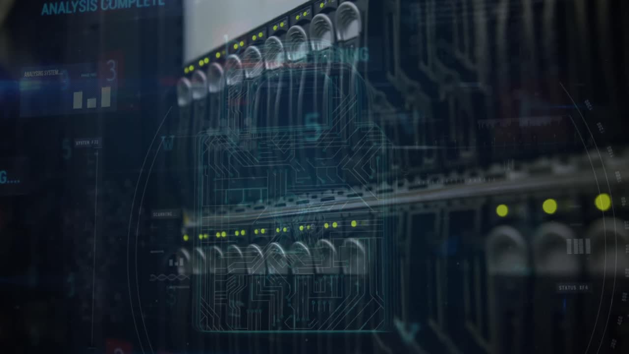 Animation of padlock, warning text and data processing over computer servers in background