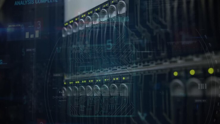 Animation of padlock, warning text and data processing over computer servers in background
