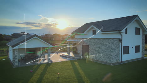 aerial modern smart house private villa at sunset with graphic animation of prices rising of rent and mortgage rates