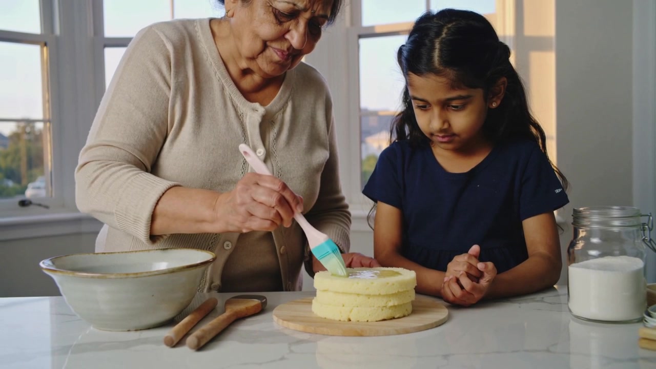 Brushing Senior responding to stacked cake on board, teaching child, using pastry brush at kitchen