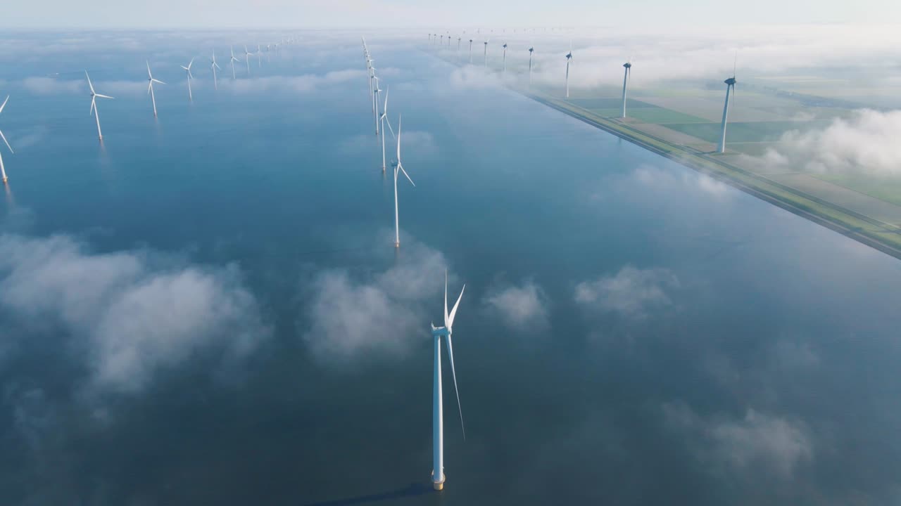 거대한 풍차 터빈, 바다에 있는 해상 풍차 농장, 웨스터메어 풍차 공원, 아름다운 밝은 날에 바다에서 고립된 풍차, 네덜란드, 플레볼랜드, 노르도오스트폴더