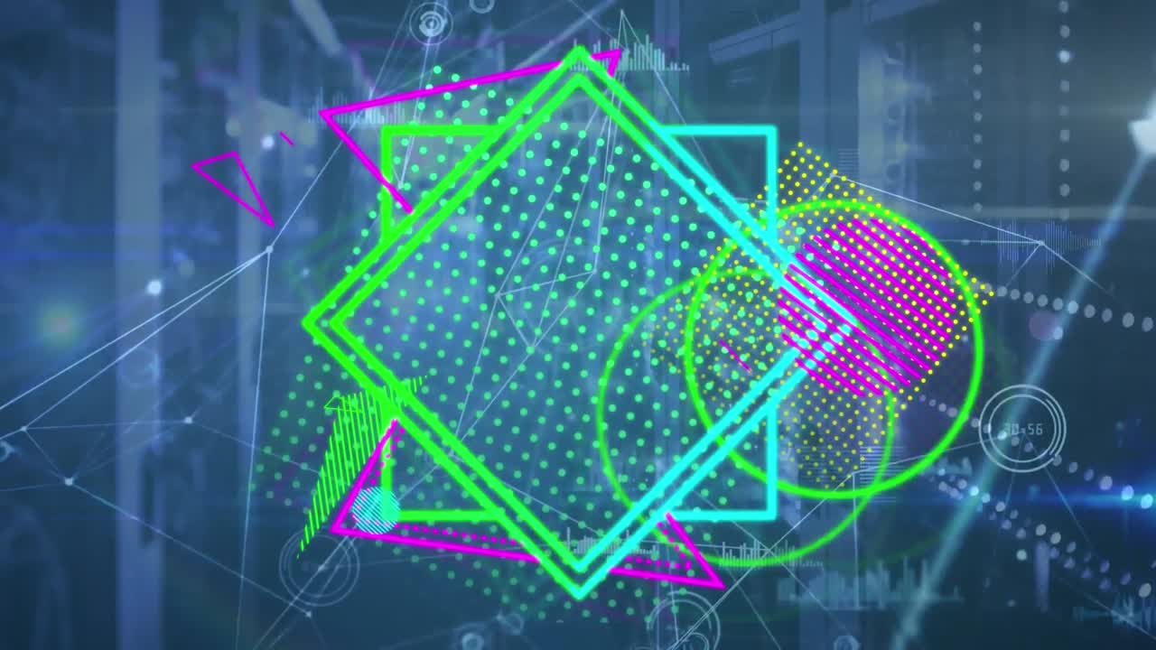 Animation of shapes and data processing over server room