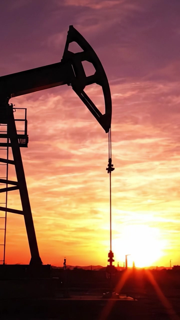 Majestic Sunset Over Oil Pump: A Striking Silhouette Against a Colorful Sky Capturing the Essence of Energy Production and Natural Resources in the Evening Horizon