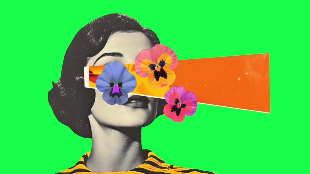 Animazione collage surreale di donna con fiori sugli occhi