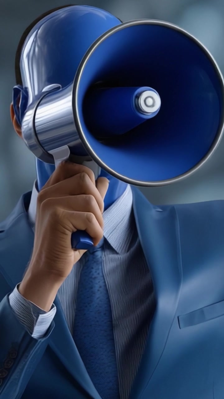 Una figura in abito blu con un megafono che le copre il volto simboleggia la comunicazione, l'autorità e il potere della voce in una rappresentazione moderna e astratta della leadership.