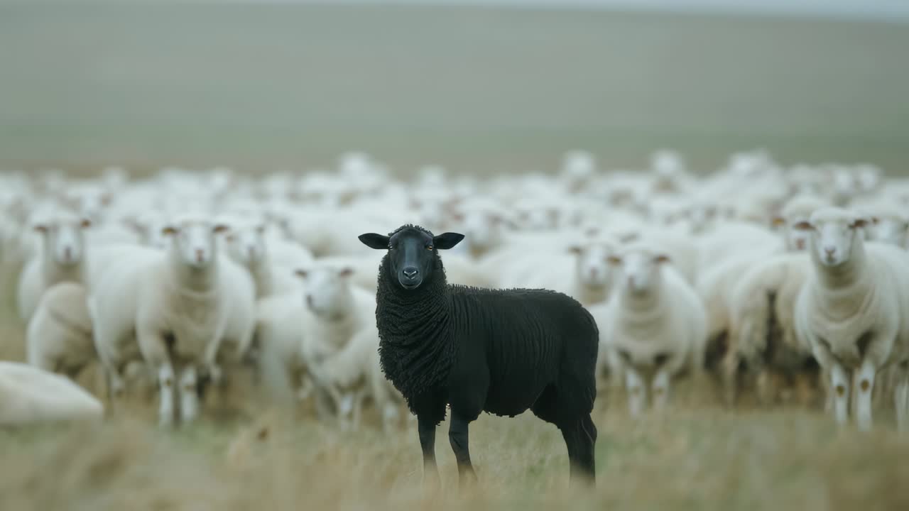 Black sheep is walking in front of a large flock of white sheep in a field, symbolizing individuality, diversity, and standing out from the crowd
