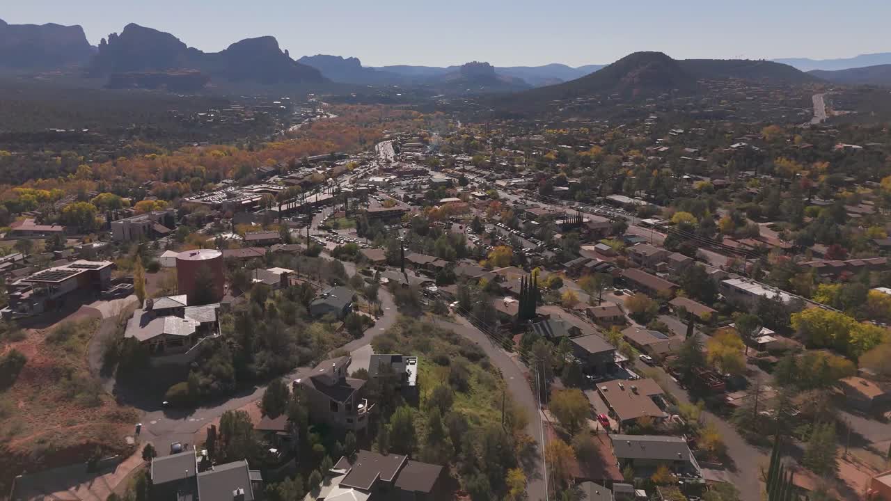 A rare glimpse from above of Sedona’s lush desert oasis, nestled amongst the striking red rock cliffs and surrounded by the expansive Arizona wilderness