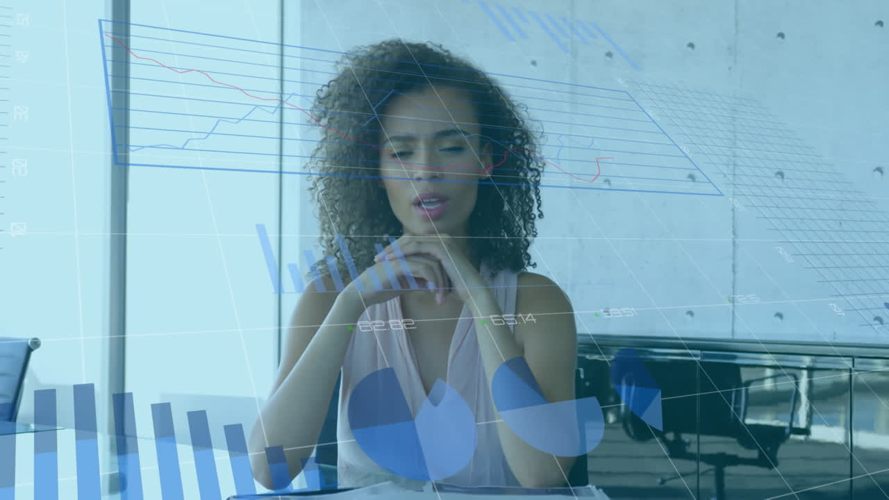 Animation of financial data processing over businesswoman in office