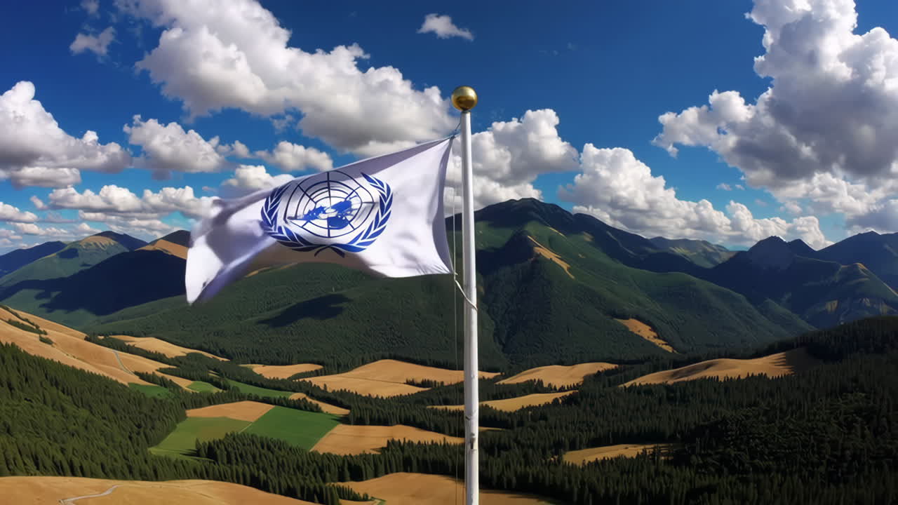 United Nations Flag Over Mountainous Landscape