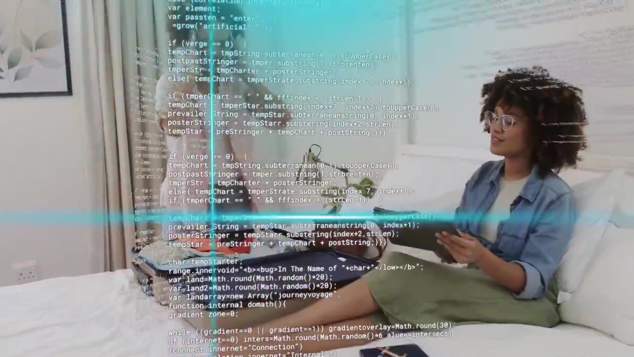 Two women packing suitcase for travel on bed, tablet guiding choices while glitch graphics scanning