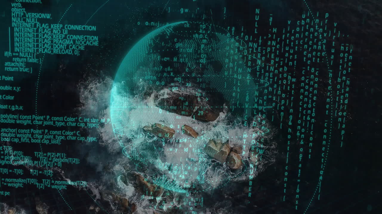 Animation of stormy ocean waves with digital globe and binary code processing