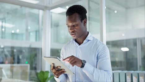 Office-tablet,-scroll-and-black-man-typing-search