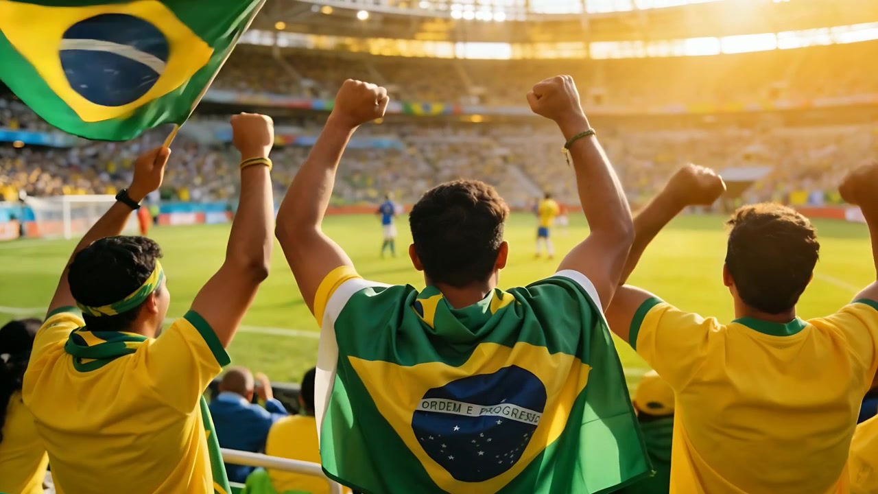 Reagindo a uma jogada de futebol, torcedor no centro usando camisa amarela e bandeira brasileira, cerrando os punhos nas arquibancadas.