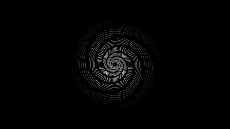 Motivo a spirale rotante astratto di linee bianche su sfondo nero